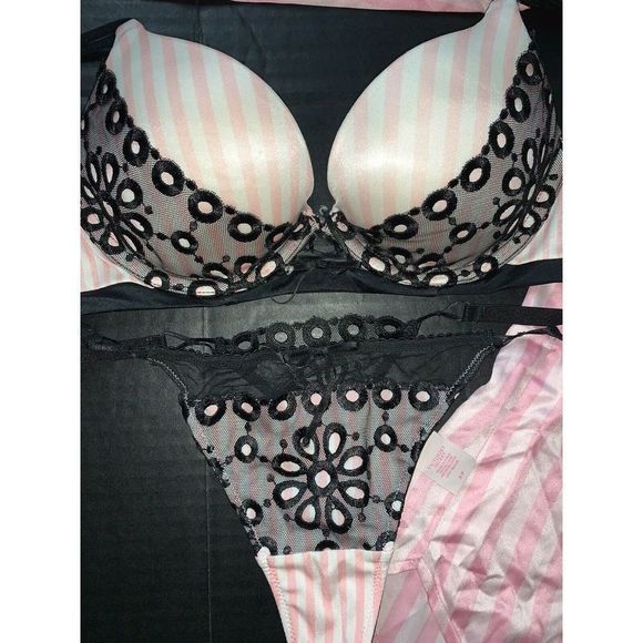 Victoria's Secret 32B,34C BRA SET+PJ SHIRT Pink Black EYELET embroidered STRIPED - Picture 6 of 8